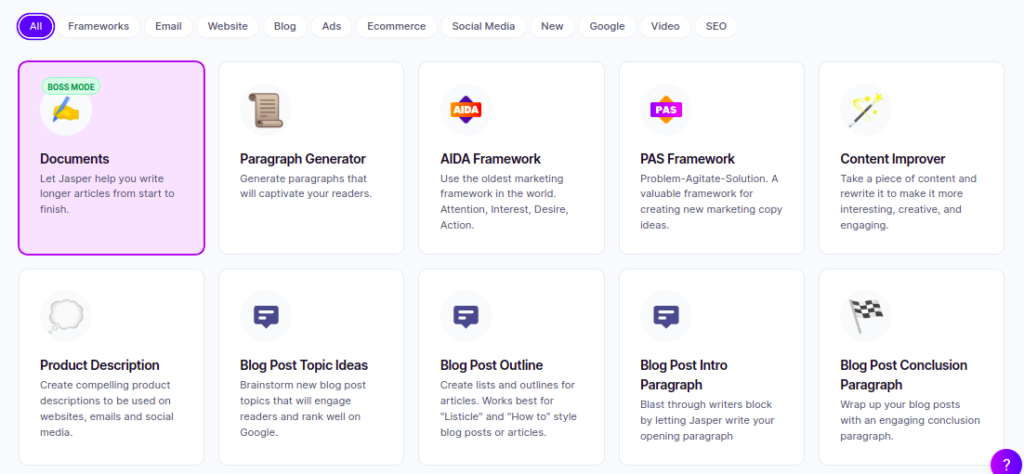 jasper ai tools like Boss Mode, Paragraph generator, Content Improver, and so on